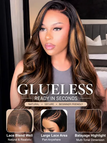 Vista 2 de UNICE Adiós a los Nudos - Peluca de onda corporal 7x5, con encaje HD frontal precortado, pelo humano con cordón elástico de tracción, balayage