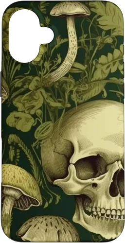 Vista 22 de iPhone 16 Skull Pattern Olive Green Mushroom Case