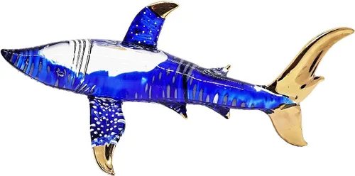 Vista 8 de Pequeña figura de tiburón blanco punteado azul dorado de 6.5 pulgadas, tiburones de vidrio soplado a mano, vida marina, peces marinos, animales