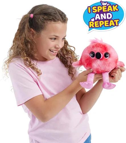 Vista 2 de Pets Alive Chirpy Birds (flamenco) de ZURU, mascota electrónica que habla, huevo sorpresa gigante, calcomanías, peine, arcilla esponjosa, peluche
