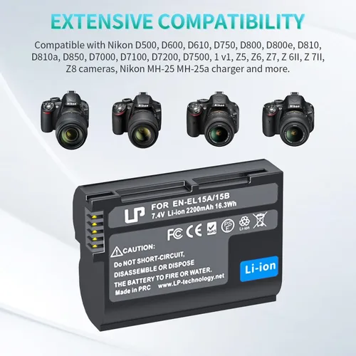 Vista 4 de LP EN-EL15C Batería de Reemplazo, 2200 mAh EN-EL15a/EN-EL15b Batería Compatible con Nikon D7500, D7200, D7100, D7000, D850, D750, D500, D810a, D810