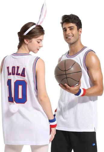 Vista 6 de Jersey de baloncesto para hombre, Lola#10 Bugs#1 camisetas de película espacial de los años 90 para HalloweenNavidad, deportes, hip hop, fiesta