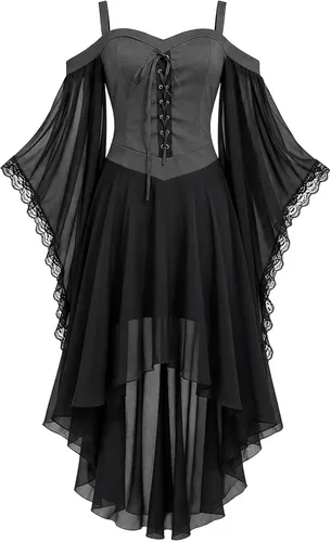 Vista 4 de Vestido de bruja gótica steampunk para niñas, disfraz de vampiro, cosplay Gris
