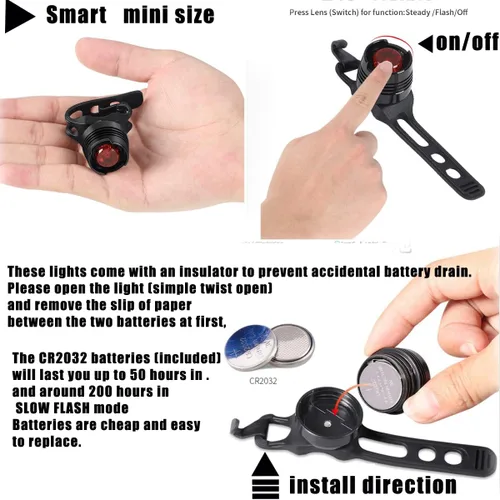 Vista 7 de 2 luces traseras para bicicleta, mini luces LED con correa, visibilidad de 180 grados, seguridad en todos los lados