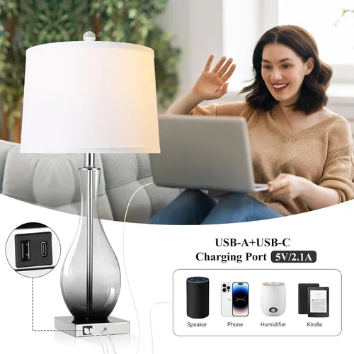 Vista 3 de Juego de 2 lámparas de mesa de cristal de 27 pulgadas con puertos USB, lámparas táctiles para mesita de noche 3-Way Dimmable,E26 Base, Bulbs