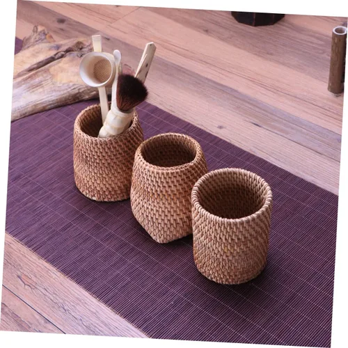 Vista 8 de ABOOFAN Juego de té tejido de ratán de 2 piezas, cesta de almacenamiento, contenedor de pluma, recipiente de té, decoración del hogar, cesta tejida