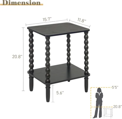 Vista 3 de Fultyle Mesa auxiliar negra, mesa auxiliar pequeña con estante de 2 niveles, mesita de noche vintage con almacenamiento para dormitorio, sala