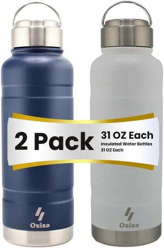 Vista 11 de Ozizo - Paquete de 2 botellas de agua aisladas, termo de 31 onzas, botella de agua de acero inoxidable con tapa, doble pared aislada al vacío, boca