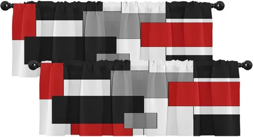 Vista 18 de Emvency Paquete de 2 cenefas para ventana, diseño geométrico gris y negro, cortinas de arte moderno abstracto, cortinas ajustables para ventanas