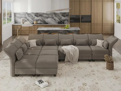 Vista 19 de LLappuil Sofá modular de terciopelo en forma de L con almacenamiento, sofá moderno de 5 plazas de 127.8 pulgadas con diván, sofás reclinables de Azul