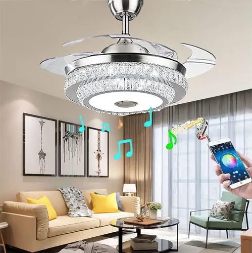 Vista 3 de HNDDS - Ventilador de techo Bluetooth de 42 pulgadas con luces, ventilador de techo de cristal de lujo con hoja retráctil, ventilador inteligente