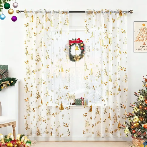 Vista 13 de Cortinas traslúcidas de Navidad para sala de estar, cortinas transparentes con estampado de copos de nieve de lujo, cortinas con bolsillo