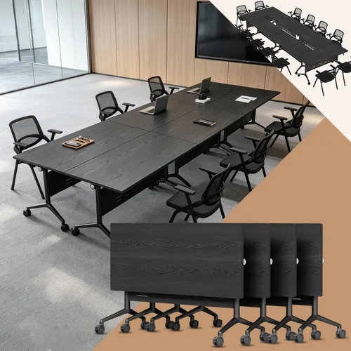 Vista 16 de Paquete de 4 mesas de conferencias plegables, mesa de entrenamiento móvil Walnut 1