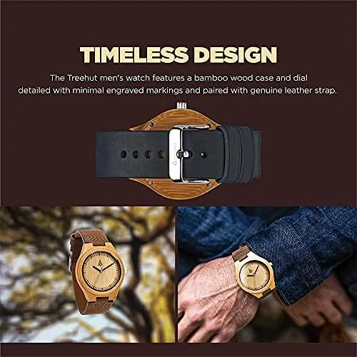 Vista 2 de Treehut - Reloj de pulsera analógico para hombres, de madera con correa de piel auténtica, estilo elegante.