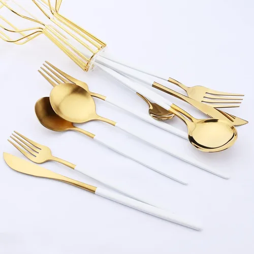 Vista 5 de Juego de cubiertos de oro mate y blanco, 5 piezas, juego de vajilla de acero inoxidable 18/10, servicio para 1, juego de utensilios de cocina, juego