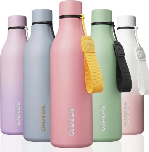Vista 60 de BJPKPK Botellas de agua aisladas, botella de agua de metal de acero inoxidable de 12 onzas con correa, sin BPA a prueba de fugas, jarras, tazas