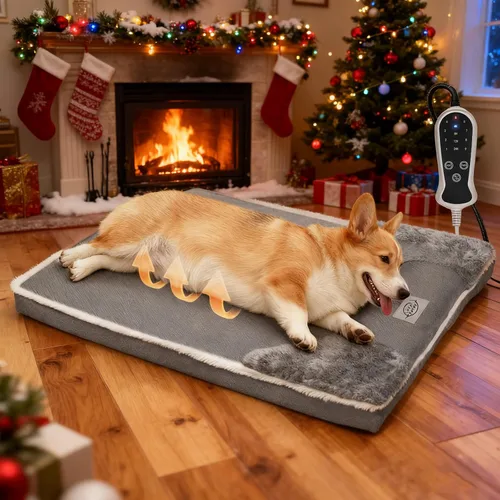 Vista 12 de Cama térmica para perros de 20x20 pulgadas, colchón de felpa con 9 niveles ajustables, funda extraíble lavable a máquina, fondo antideslizante, gris