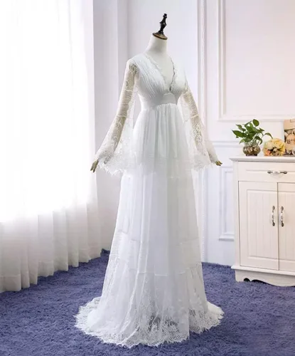 Vista 3 de Tsbridal Vestido de novia bohemio de manga larga con cuello en V profundo para mujer