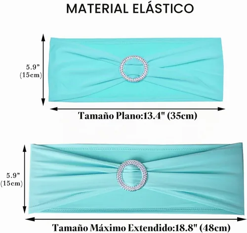 Vista 3 de 10 bandas elásticas de elastano azul turquesa, mano de obra de doble costura, bandas para cubierta de silla con hebilla deslizante para boda Aqua