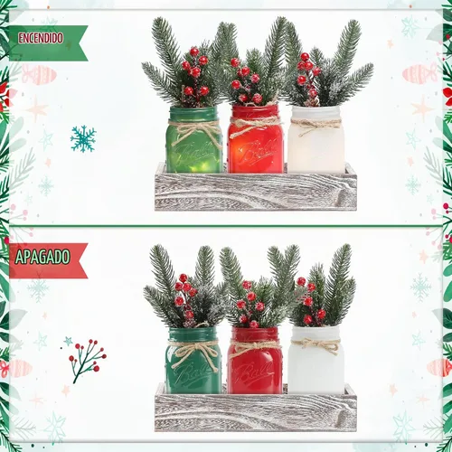 Vista 4 de Tarros de cristal de Navidad, centro de mesa de Navidad para mesa, juego de 3 tarros de albañil coloridos con luces y plantas artificiales