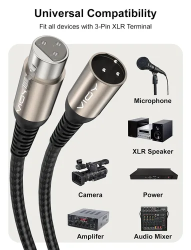 Vista 6 de VIOY Cable de micrófono XLR de 6.6 pies, cable de micrófono macho a hembra, cable equilibrado de 3 pines - cable de extensión XLR trenzado de nailon