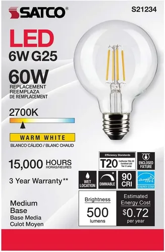 Vista 4 de Satco 6Pk 6w G25 Globo Filamento LED 2700K Base Mediana Regulable - 60W Equiv