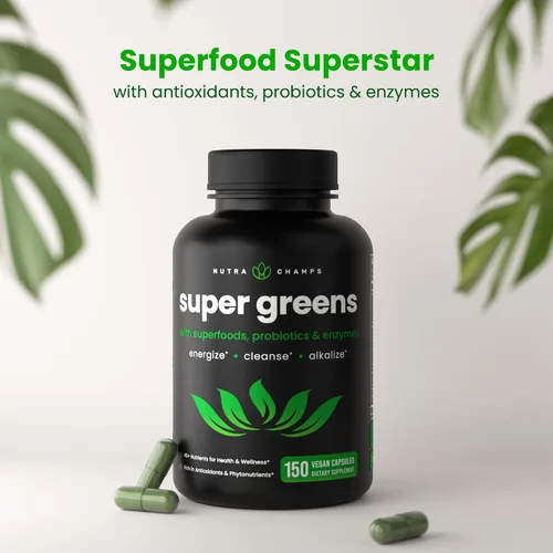 Vista 2 de Cápsulas orgánicas Super Greens – Suplemento diario de frutas y verduras – 150 pastillas de superalimentos verdes y rojos – más de 40 frutas