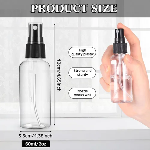 Vista 2 de Roshtia Mini botellas de plástico de 2 onzas con tapa, botellas de spray de niebla fina vacías transparentes, contenedor de líquido recargable