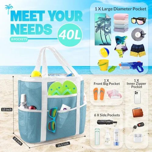 Vista 2 de EASYFUN Bolsa de playa grande de malla, bolsa de playa ligera con 9 bolsillos, accesorios de playa plegables
