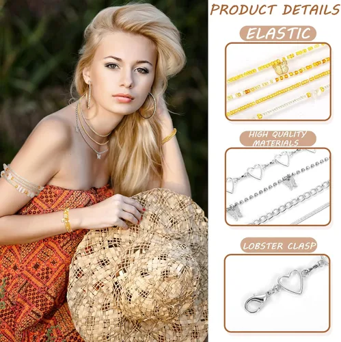 Vista 5 de JenPen 8 unidades de cadena de vientre ajustable para verano, playa, bikini, cuentas de cintura bohemia para mujeres y adultos, cadena de cuerpo
