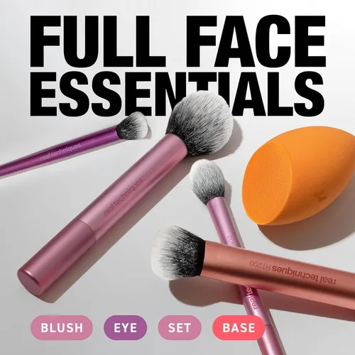 Vista 2 de Real Techniques Juego de 6 piezas de brochas de maquillaje esenciales para el día a día, incluye 4 brochas y 2 esponjas de maquillaje, para base