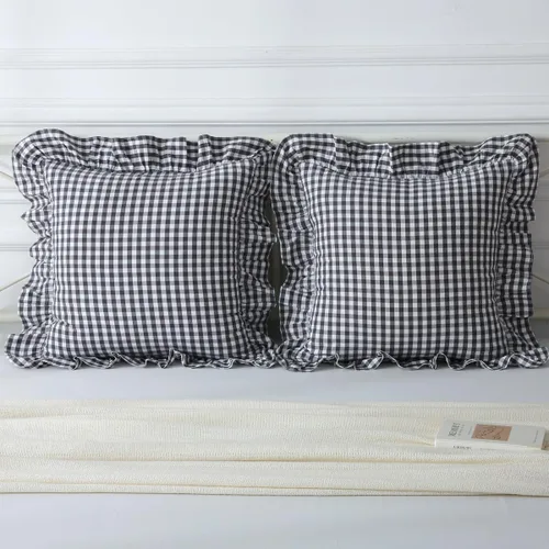 Vista 8 de Mywinlle juego de 2 fundas para cojín con volantes a cuadros negro/blanco, fundas de almohada decorativas de algodón lavado a cuadros estilo granja