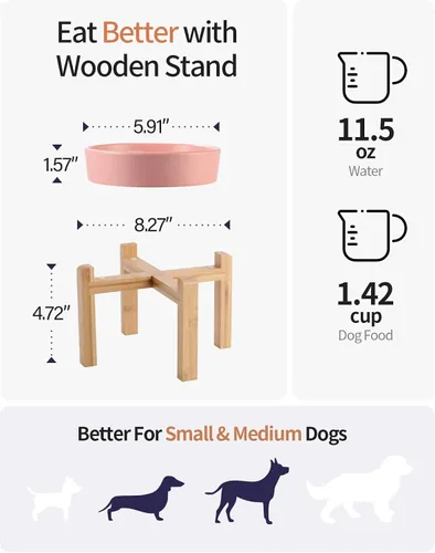 Vista 2 de Tazón de cerámica rosa para perros de razas pequeñas y medianas, cuenco elevado/elevado de 6.1 pulgadas de alimentación lenta, cuenco de comida