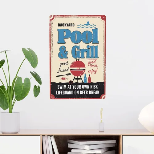 Vista 2 de Póster de metal para fiesta en la piscina, 8 x 12 pulgadas, "Parrilla y natación en su propio riesgo", arte retro para pared al aire libre