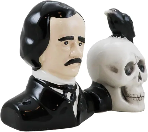 Vista 6 de Ebros Gift Poeta gótico Edgar Allen Poe con cuervo negro en el cráneo decorativo de cerámica salero y pimentero Figuritas Quoth The Raven Nevermore
