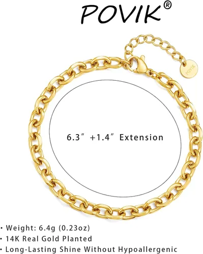 Vista 6 de POVIK Pulsera de clip, cadena de clip de papel chapada en oro de 14 quilates, pulsera de oro para mujer, pulsera de cadena ajustable para mujeres