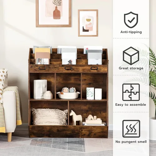 Vista 5 de HOOBRO Estantería para niños, organizador de almacenamiento para juguetes, estantería para niños, 5 compartimentos y 3 estantes de 3 niveles