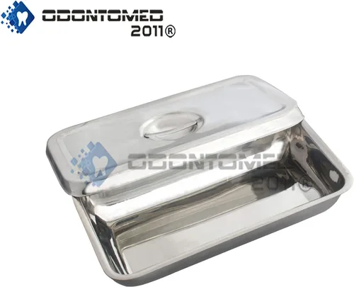 Vista 3 de Bandeja dental Instrumento de laboratorio 8 "X4 "X2" Soporte organizador de herramientas dentales con tapa y mango Caja hueca de acero inoxidable