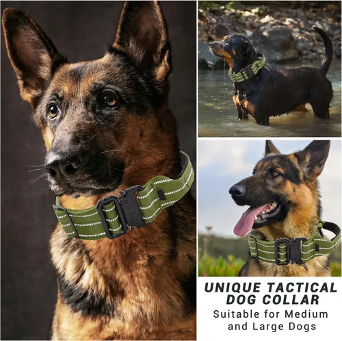 Vista 5 de Collar táctico para perro, collar ajustable de nailon reflectante para perro con mango de control, hebilla de metal resistente para perros medianos