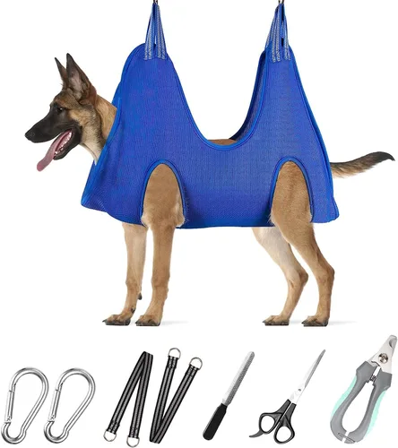 Vista 15 de Hamaca de aseo para mascotas para perros y gatos pequeños – Eslinga para recortar uñas con cortaúñas, lima de uñas y tijeras – Arnés de aseo