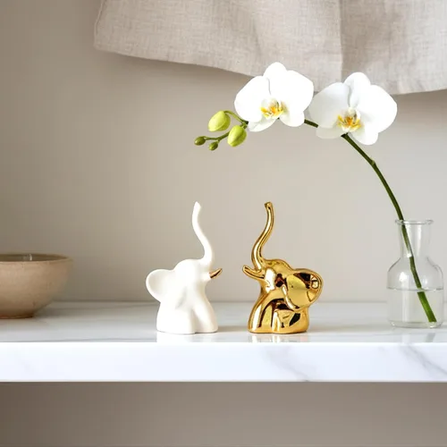Vista 5 de Estatuas de Elefante para Decoración del Hogar, 1 Par, Pequeños Acentos Decorativos para Estantes, Sala de Estar y Dormitorio, Dorado y Blanco