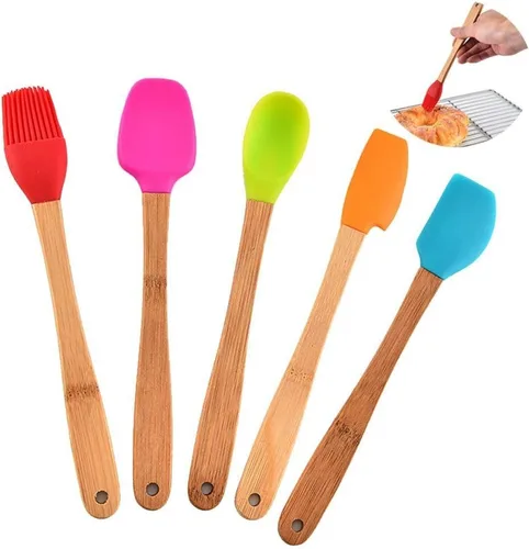 Vista 6 de Mini espátula de silicona, espátula, espátula, espátula con mango de madera, antiadherente, resistente al calor, utensilios de cocina (5 unidades)