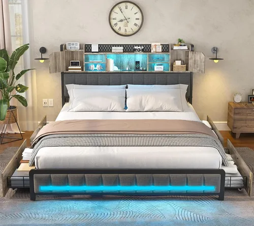 Vista 9 de CSZZD Base de cama Queen con 4 cajones de almacenamiento y cabecera de estantería, marco de cama LED tapizado Queen con estación de carga tipo C
