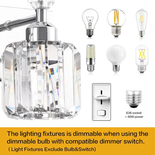 Vista 5 de PRESDE Aplique de pared de cristal único, lámpara de tocador cromada moderna, lámpara de pared de 1 luz para baño, dormitorio, pasillo
