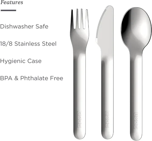 Vista 5 de ZOKU Coca-Cola - Juego de utensilios de bolsillo, tenedor, cuchillo y cuchara de acero inoxidable en estuche higiénico, diseño portátil para viajes