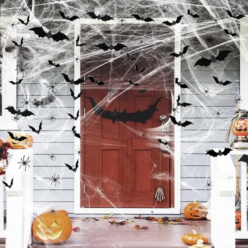 Vista 8 de Famoby 1200 pies cuadrados de telarañas de Halloween y 120 murciélagos falsos y 50 arañas falsas, telarañas superelásticas para decorar fiestas
