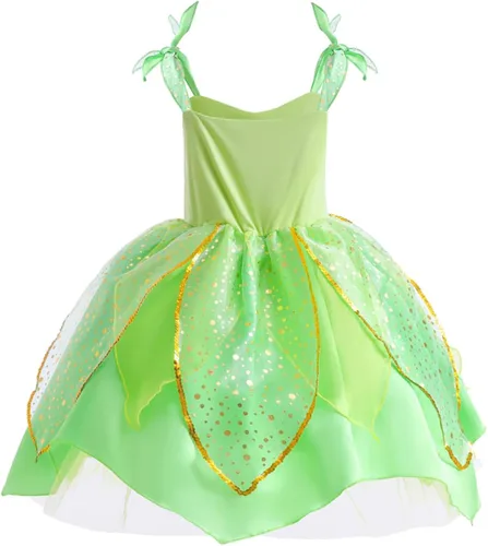 Vista 3 de Disfraz de hada de flores, conjunto de disfraz de princesa para niñas, Tinker Bell ropa para Halloween, disfraz de cosplay con ala, verde