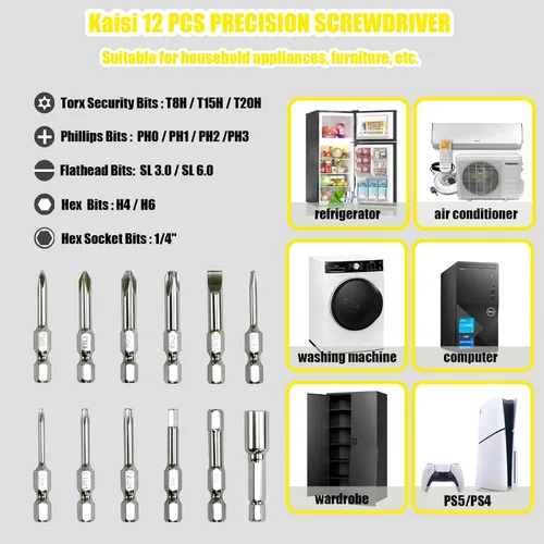 Vista 4 de Kaisi Juego de destornilladores portátiles 12 en 1 con puntas múltiples, destornillador todo en uno con Phillips, cabeza plana, seguridad Torx