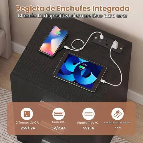 Vista 5 de KOMFOTT Mesita de noche con estación de carga, mesita de noche de madera Negro