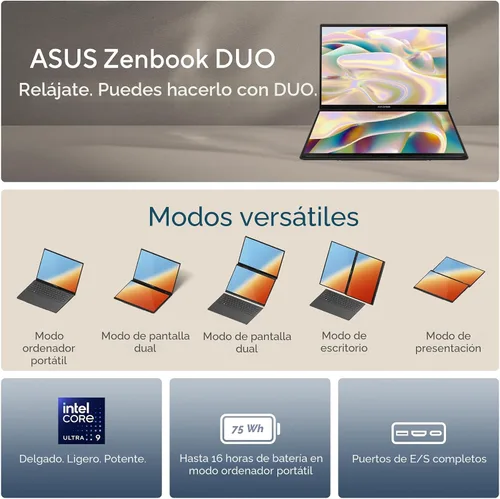 Vista 2 de Laptop ASUS ZenBook DUO, Pantalla táctil OLED 3K 120Hz dual de 14”, Evo, Intel Core Ultra 9 285H, Gráficos Intel Arc, 32 GB de RAM, SSD de 1 TB